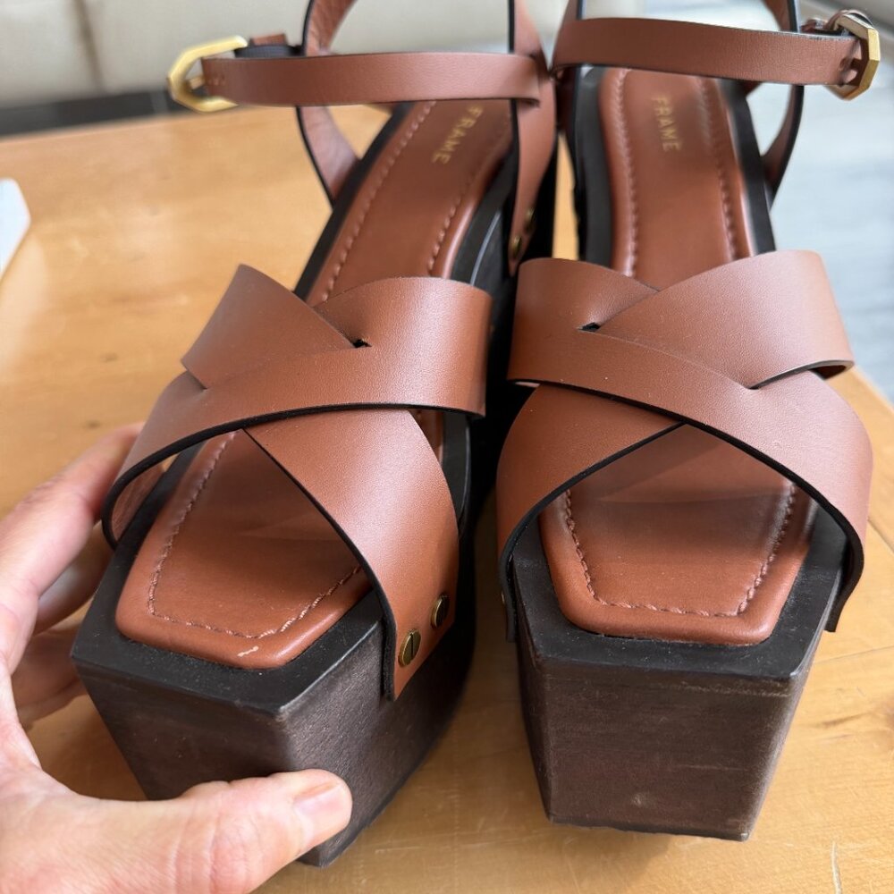 FRAME Denim Le Melrose Leather Wedge Sandals | Brown | 38 - Picture 4 of 4